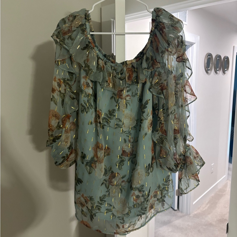 River Island Sheer Floral Blouse - Green and Gold
